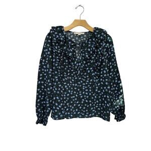 LOFT Black Blue Floral Ruffle Tie Neck Blouse Romantic Cottagecore XS
